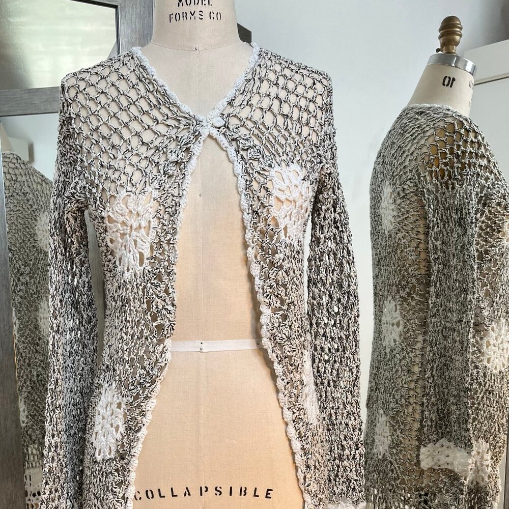 Black/White Long Sleeve Crochet Coat w/ front button – Hand-made, Size Medium